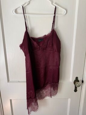 ASOS DESIGN satin lace trim asymmetric hem cami top in plum
